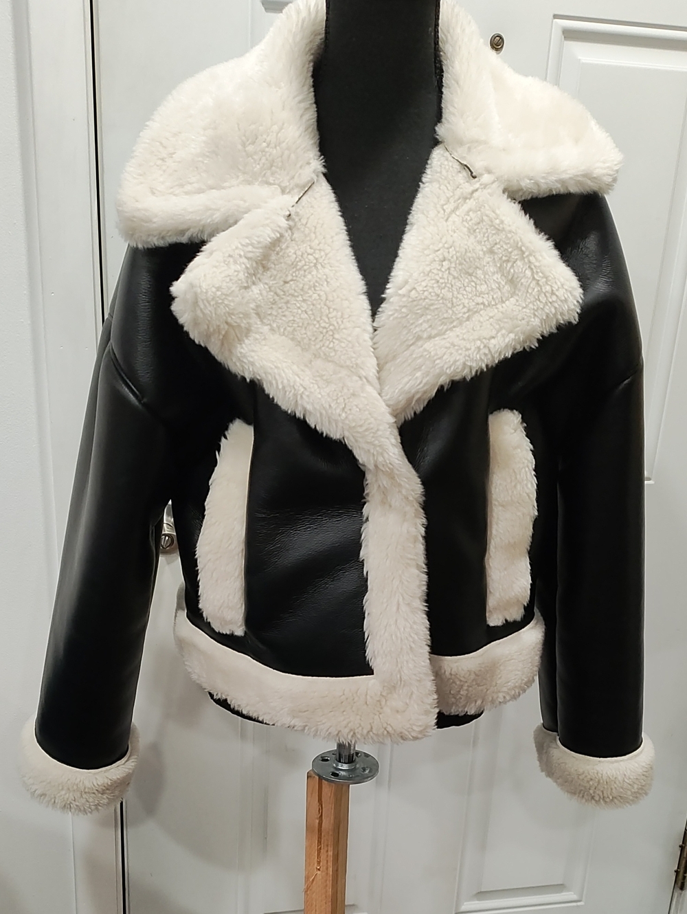 Abercrombie & Fitch Black Faux Leather Jacket with Cream Shearling